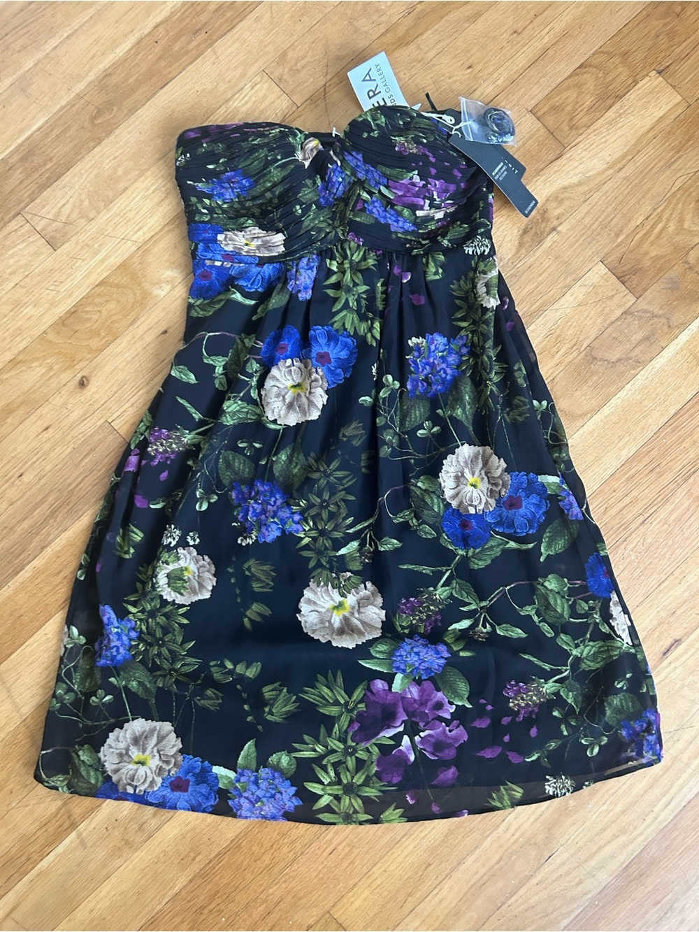 Esprit Black Strapless Floral Party Dress with Blue, Purple & Green Accents